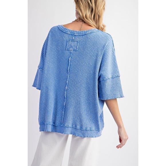 Short Sleeve Mineral Washed Thermal Knit Top -  Peri Blue - Picture 3 of 3